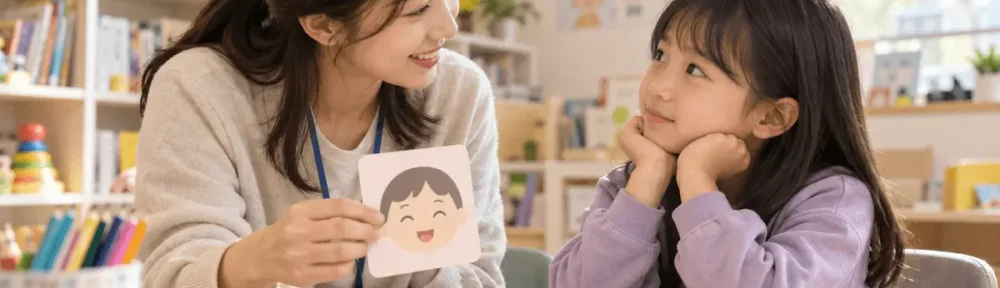 언어치료사가 감정 표정 카드를 보여주며 아동과 감정 표현 및 언어발달 활동을 진행하는 모습